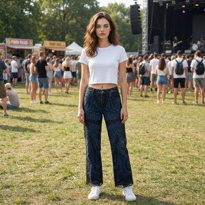 Rare HTF Vintage Alberto Makali Abstract Denim Jeans With Lace Wearable Art